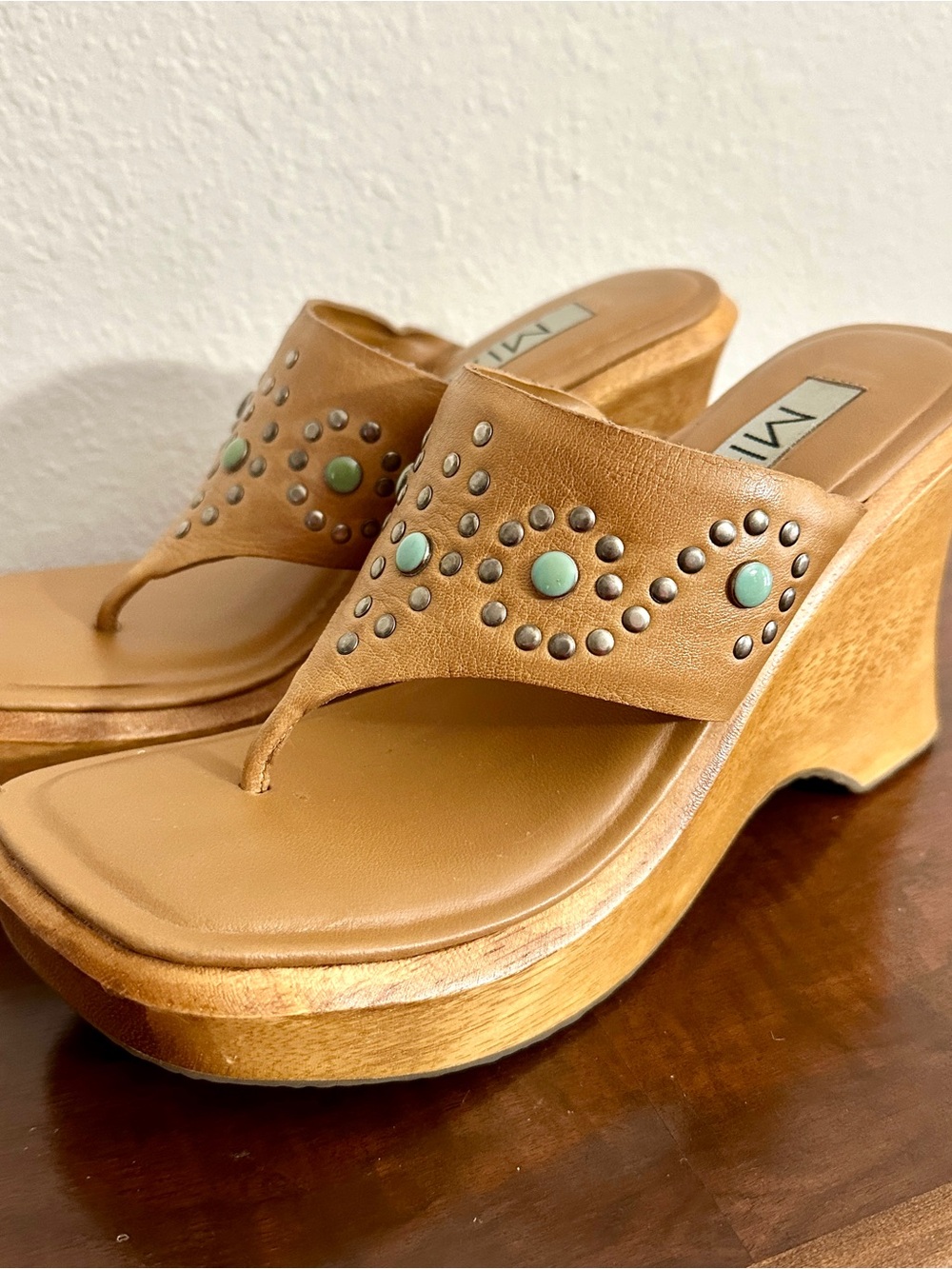 MIA Vintage Tan Wedge Sandals with Turquoise Stud Accents • Sz 8